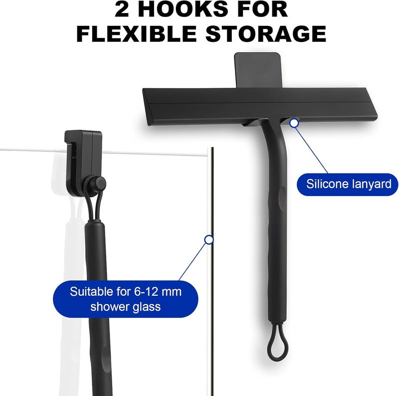 wlich Shower Squeegee for Glass Doors, 8.5" Slicone Squeegee for Shower Glass Door, Black Shower Squeegee for Shower Doors Windows Mirrors Cars Cleaning, Shower Door Squeegee with 2 Hooks - Image 2